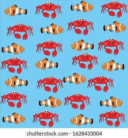 cute clown fish and crab colorful background