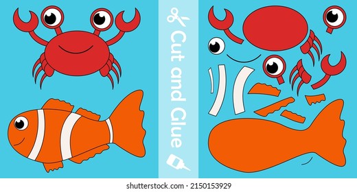 Cute clown fish and crab. education paper game for children. cut and glue. vector illustration