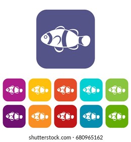 Cute clown fish icons set vector illustration in flat style in colors red, blue, green, and other