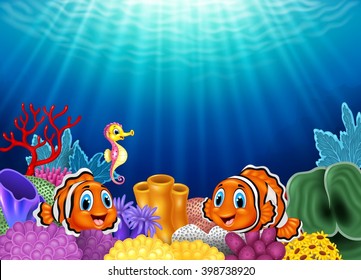 Cute clown fish and Seahorse in beautiful underwater