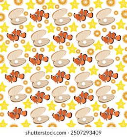cute clown fish, shellfish with fruit as a pattern background