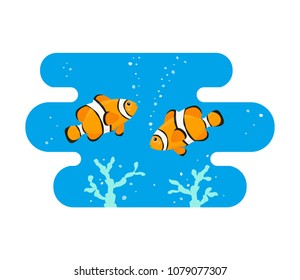 Cute clown fishes on blue background. Vector illustration.