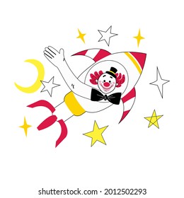A cute clown flying on a rocket, he is drawn in yellow, red, black and white, he is drawn in a doodle and cartoon style. Stock vector illustration isolated on a white background.