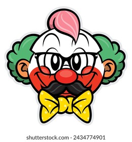 Cute Clown head cartoon character wearing eyeglasses and fake mustache. Best for badge, logo, and icon with circus themes for kids