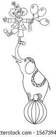 Cute clown is holding balloons and an elephant is on a ball. Black and white vector for coloring, for car or gift.