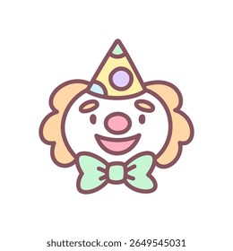 Cute clown icon. Hand drawn illustration of a funny clown face with bow tie and party hat isolated on a white background. Kawaii sticker. Vector 10 EPS.