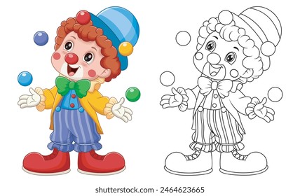 Cute Clown Clown Juggling Ball Coloring Illustration. Vector Illustration