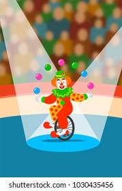 Cute clown juggling balls on unicycle. Funny juggler show performance for spectators on circus arena. Travel amusement park background. Vector cartoon illustration