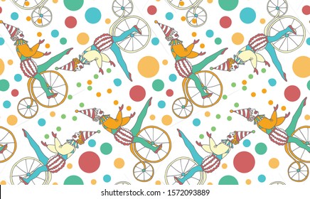 Cute clown juggling balls on unicycle. Vector cartoon illustration