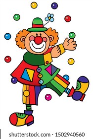 Cute clown is juggling with colored balls. Colored vector for card or gift.