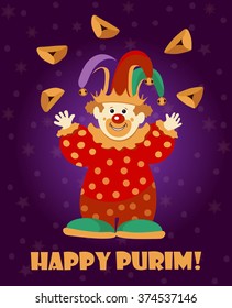 Cute Clown juggling with cookies. Purim Holiday greeting card / poster template. Greeting card design for Jewish Spring Carnival vector template. Vector illustration. Sample text. Layered, editable