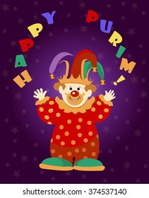 Cute Clown juggling. Purim Holiday greeting card / poster template. Greeting card design for Jewish Spring Carnival vector template. Vector illustration. Sample text. Layered, editable