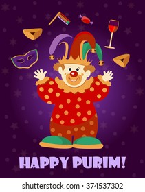 Cute Clown juggling. Purim Holiday greeting card / poster template. Greeting card design for Jewish Spring Carnival vector template. Vector illustration. Sample text. Layered, editable