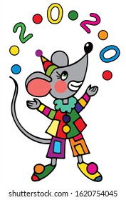 Cute clown mouse is juggling with balls and 2020 year. Colored vector for card or gift. 