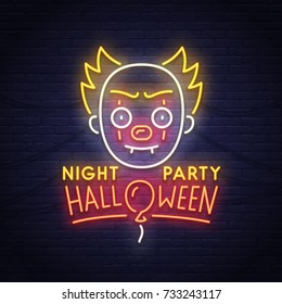 Cute clown neon sign. Night party. Happy Halloween. Neon sign, bright signboard, light banner. 