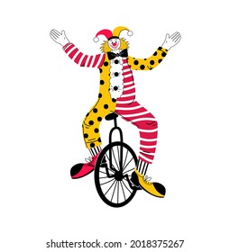 A cute clown on a bike, in yellow, red, black and white, he is drawn in a doodle style. Circus. Stock vector illustration isolated on a white background.