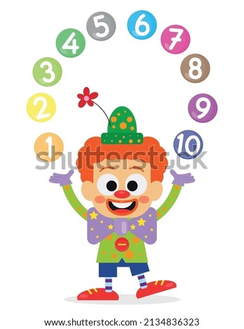 Cute clown performs with numbers balls in his hand