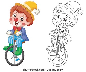 Cute Clown Riding Unicycle Coloring Illustration. Vector Illustration