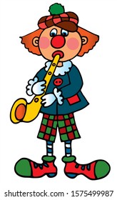 Cute clown in scottish outfit is playing on a musical instrument. Colored vector for card or gift.