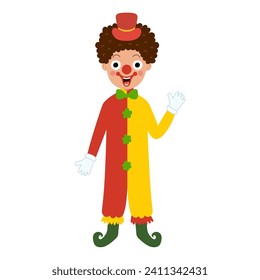 Cute clown waving his hand in cartoon style. Funny circus character with hat and costume isolated on white background. Learning professions clipart for kids. Vector illustration