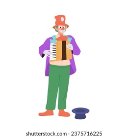 Cute clown wearing funny costume playing melody on accordion music instrument isolated on white