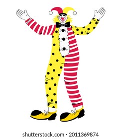 A cute clown in yellow, red, black and white, he is drawn in the style of doodle and cartoon. The circus. Stock vector illustration isolated on a white background.	