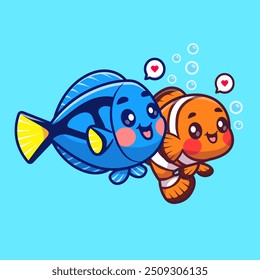 Ilustración linda del icono del Vector de la historieta de la natación del pez payaso y del pez azul Tang. Icono de Naturaleza Animal Concepto Aislado Premium Vector. Estilo plano de la historieta