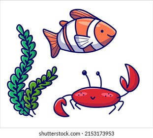Cute clownfish, crab and seaweed icons. Flat vector illustration in cartoon style.