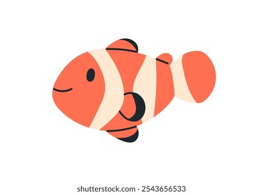 Lindo pez payaso, animal rayado. Fauna marina feliz, vista lateral, natación. Personaje submarino exótico tropical. Fauna oceánica y de acuario. Ilustración vectorial plana aislada sobre fondo blanco