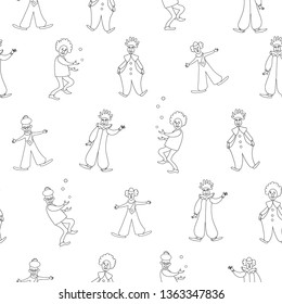 Cute clowns collection. Black and white vector outline seamless pattern.