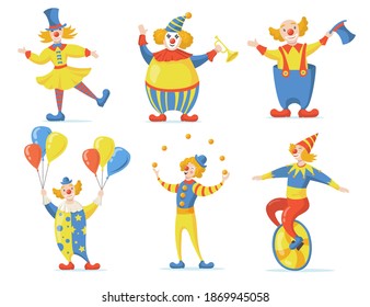 Cute clowns set. Circus and carnival performers dancing, juggling, riding monocycle. Vector illustrations for entertainment, fun, holiday concept