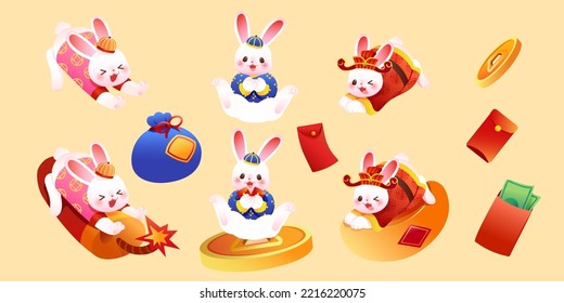 Cute CNY bunny element set isolated on beige background. Illustrated rabbits in traditional costumes, firecracker, fortune bag, red envelopes, coins, and gold ingot.