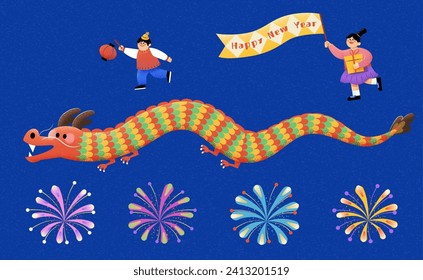 Cute CNY dragon, kids and fireworks pattern isolated on deep blue background.