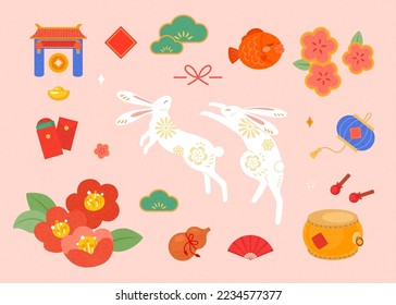 Cute CNY element set isolated on pink background. Including temple, doufang, red envelope, camellia, japanese pine, rabbits, carp fish, lantern, flowers, drum, paper fan and gourd.