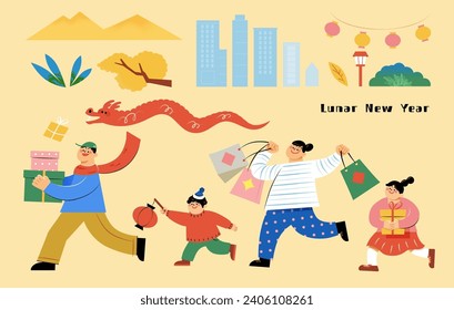 Cute CNY Family shopping element set isolated on light yellow background.