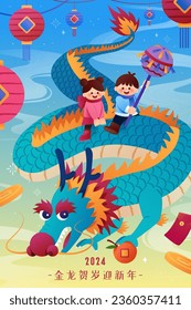 Cute ilustración de CNY. Niños montados en un dragón sobre fondo de gradiente amarillo y azul. Texto: El dragón dorado da la bienvenida a la llegada del nuevo año.