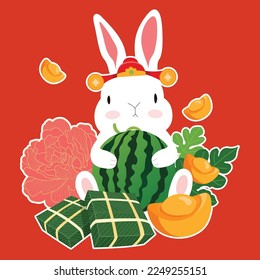 Cute CNY zodiac illustration with fluffy bunny playing around holiday food, blossom, and objects. Farewell to the old year and welcome to the new year.