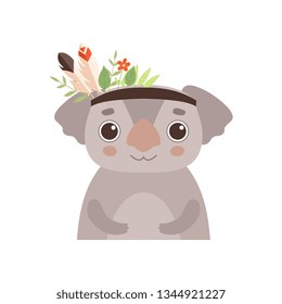 Cute Coala Bear Animal Wearing Headdress with Feathers, Leaves and Flowers Vector Illustration