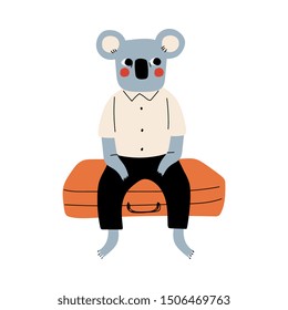 Cute Coala Bear Tourist Sitting on Suitcase, Funny Humanized Animal Cartoon Character with Luggage Going on Vacation Vector Illustration