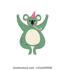 Cute Coala Bear Wearing Party Hat with Whistle Blower, Cute Animal Character for Happy Birthday Design Vector Illustration