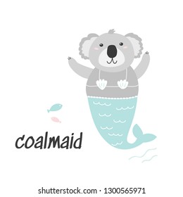 Cute Coala Mermaid illustration. Cartoon character.