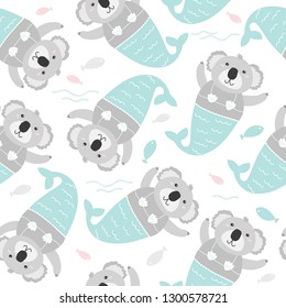 Cute coala mermaid sea seamless pattern. Kids background.