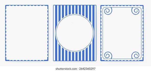 Cute coastal retro frame set with hand-drawn marine borders in blue. Minimal vintage summer style, curvy edges, groovy doodles—perfect for birthday invites, posters, and holiday decor.