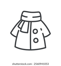 Cute coat icon. Hand drawn monochrome illustration of an overcoat with scarf isolated on a white background. Vector 10 EPS.