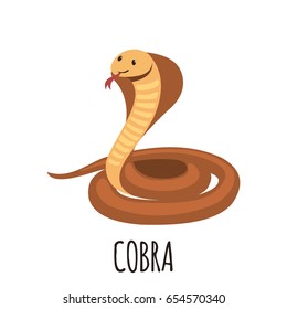 Cute cobra in flat style isolated on white background. Cartoon snake. Zoo animal. Vector illustration.