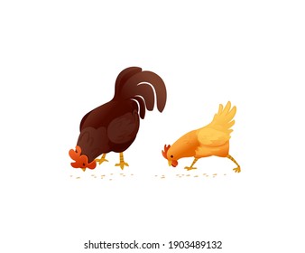 Cute cock and chiken eating grain farm agriculture hen rooster cartoon animal design vector illustration