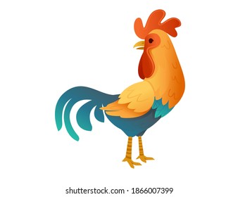 Cute cock farm agriculture hen rooster cartoon animal design flat vector illustration