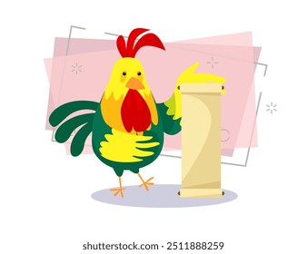 Cute cock holding parchment. Message concept. Vector illustration can be used for topics like advertising, promotion, information