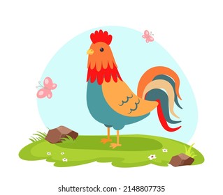 Cute cock, rooster, chicken vector flat illustration with landscape isolated on white background. Free range domestic fowl, poultry or farm birds. Farm animal cartoon chicken character on a grass. 