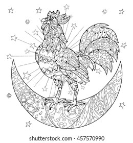 Cute cock, rooster on christmas half moon with stars and flowers. Hand drawn doodle zen art.Adult anti stress coloring book or tattoo boho style.